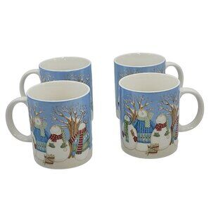 Debbie Mumm Winter Wonders Snowman‎ Family Ceramic Coffee Mug Set of 4pc 14oz